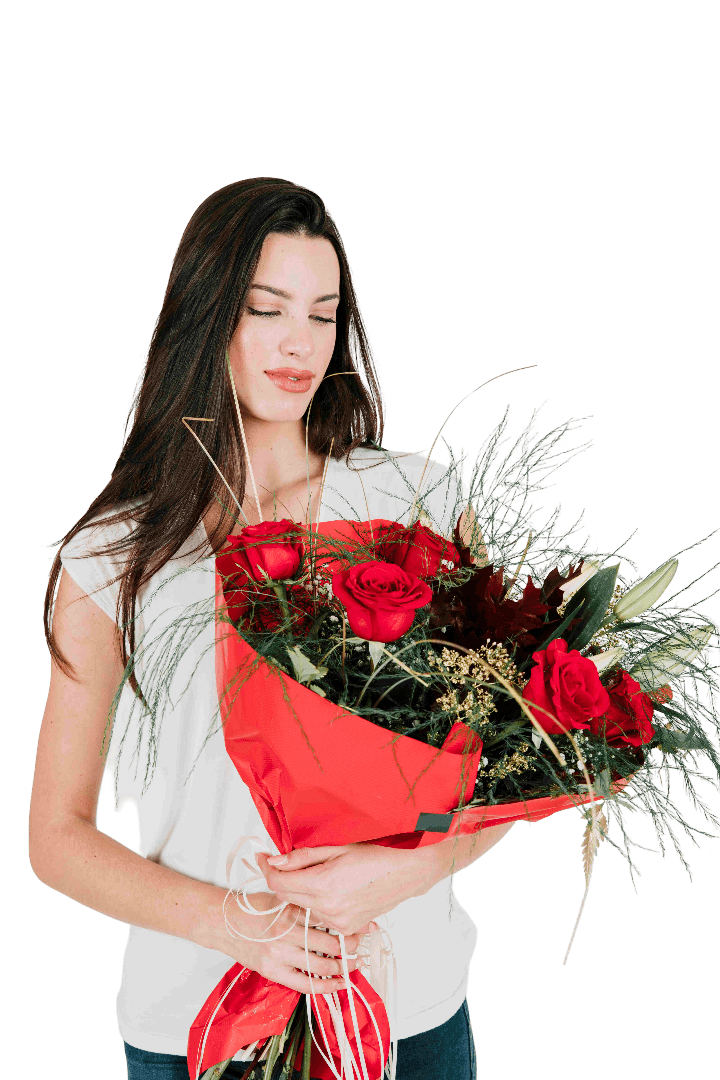 pretty woman with bunch flowers .png